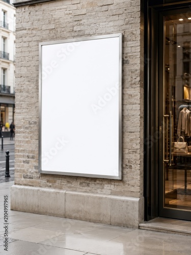 Blank storefront billboard mockup on luxury retail facade with copy space, empty outdoor poster display on brick wall beside boutique entrance for premium branding and advertising campaign