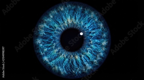 Macro detailed close up shot of a vibrant blue human iris featuring intricate light patterns and natural textures isolated against a solid black background