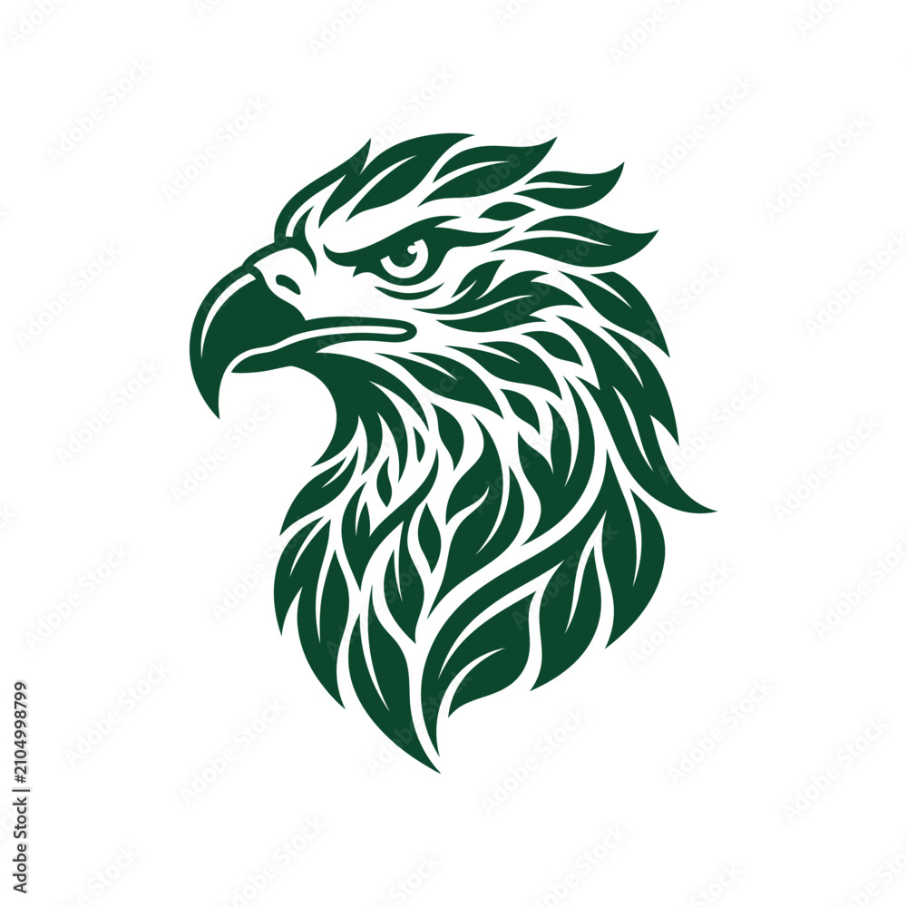 Fototapeta premium Detailed green eagle head logo with leaf patterns.