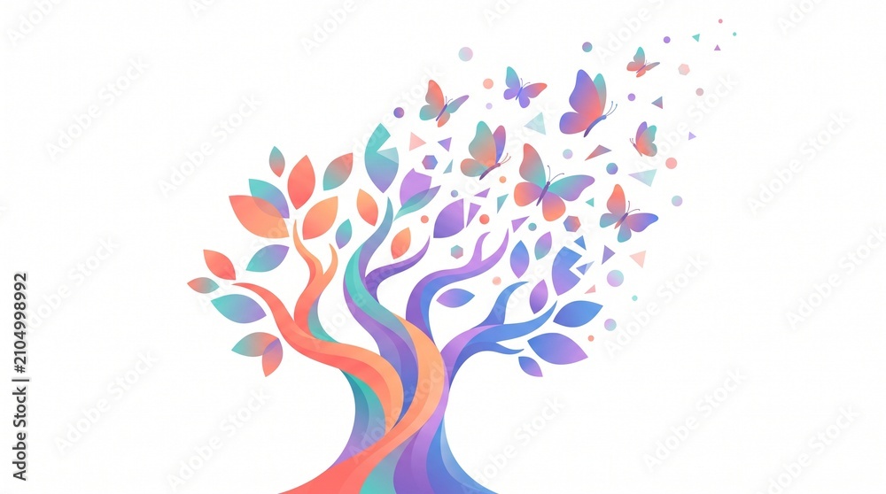 Obraz premium Abstract colorful vector tree with leaves dissolving into flying butterflies and geometric particles