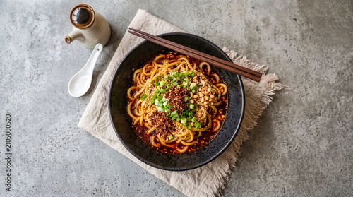 Принти на полотні Bowl of spicy noodles topped with chili oil, crushed peanuts, and green onions, served on a stone surface with chopsticks and a ceramic spoon