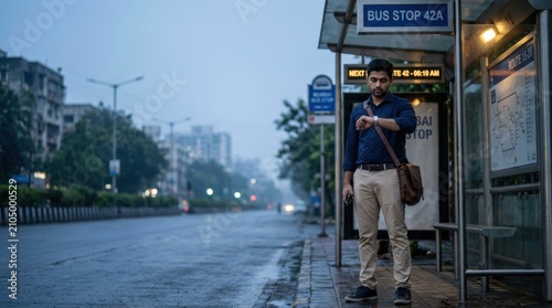 Man Waiting at Urban City Bus Stop Station on Rainy Night Street