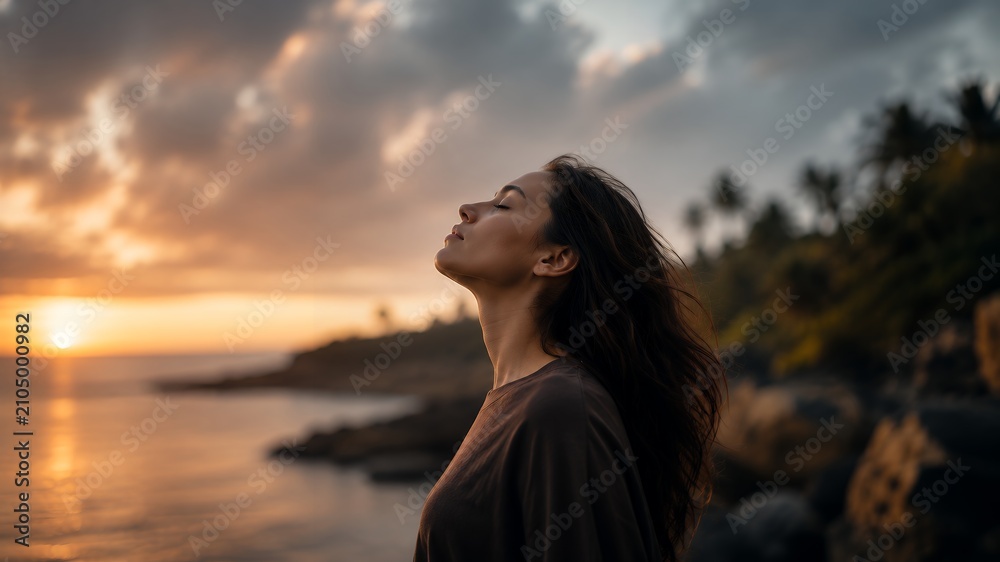 Fototapeta premium Young Woman Practicing Mindfulness in Mountain Landscape, Deep Breathing, Mental Wellness and Peaceful Nature Retreat Concept