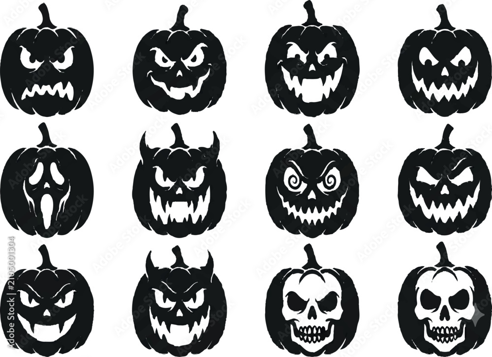 Obraz premium Creepy Jack-o'-Lantern Pumpkin Icons, Halloween Horror Silhouette Vector Pack, isolated on transparent background