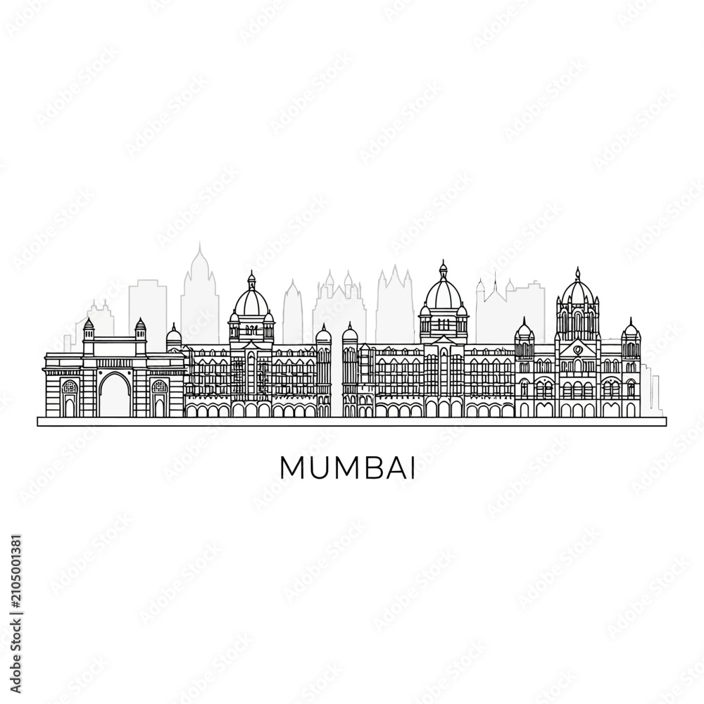 Fototapeta premium Mumbai skyline illustration: architectural landmark drawing, monochrome.