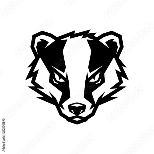 Fierce black and white badger head mascot emblem.