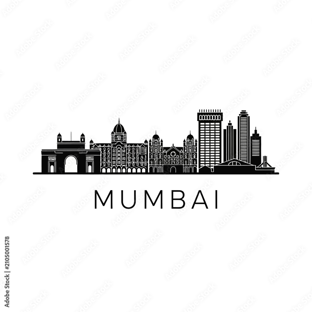 Obraz premium Mumbai Skyline Silhouette: Cityscape Illustration, Black and White Vector
