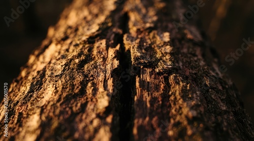 Warm golden sunlight illuminates the textured surface of rough tree bark with deep cracks resembling natural rustic patterns of celebrations