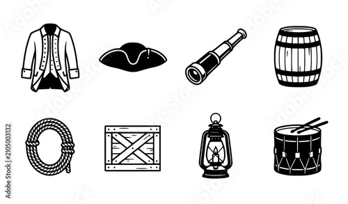 Photography Revolutionary war colonial soldier gear icon set with coat, tricorn hat, spyglas