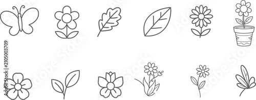 Botanical line art collection flowers leaves and butterfly illustrations