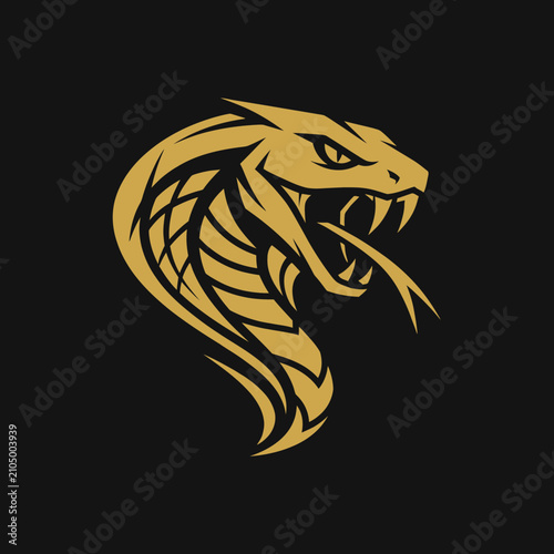 Gold cobra snake head logo on black background.