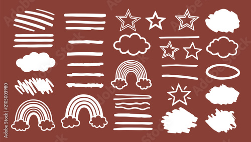 A playful set of white hand-drawn doodle elements including stars, clouds, rainbows, and lines on a brown background.