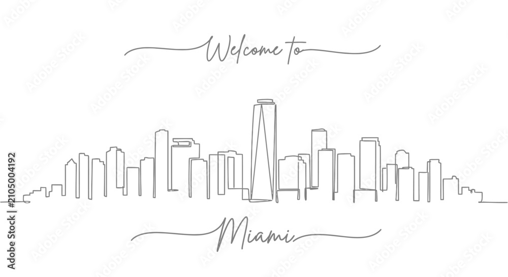 Obraz premium Welcome to Miami Skyline Line Art - Cityscape Silhouette with Text