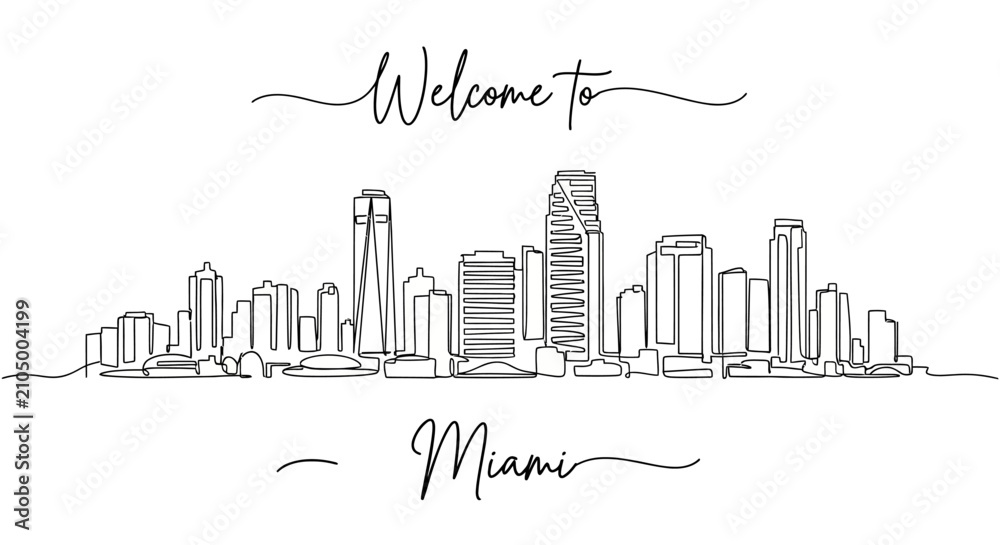 Fototapeta premium Welcome to Miami Skyline Hand-Drawn Line Art - Cityscape Illustration