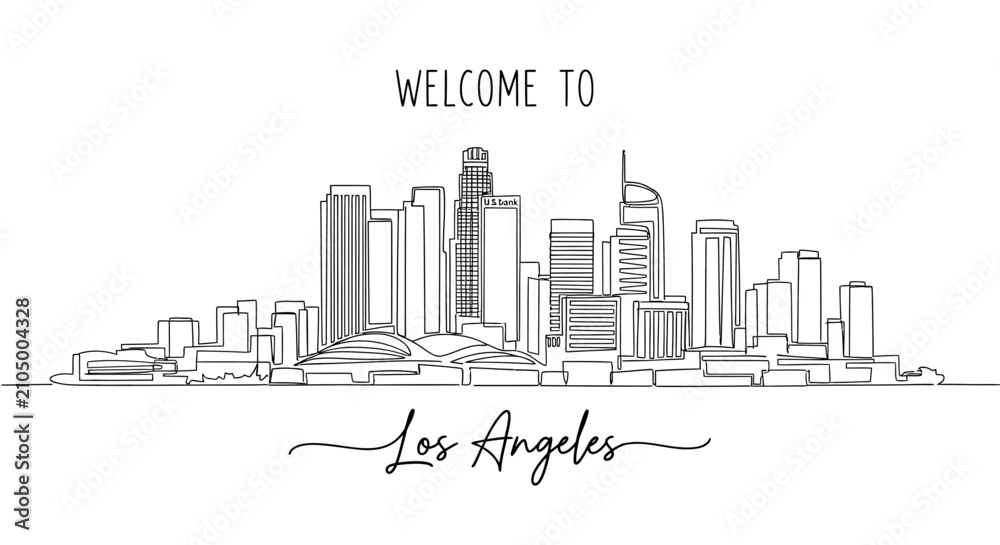 Fototapeta premium Los Angeles Skyline Drawing, Welcome Text, Cityscape Sketch, Modern Architecture