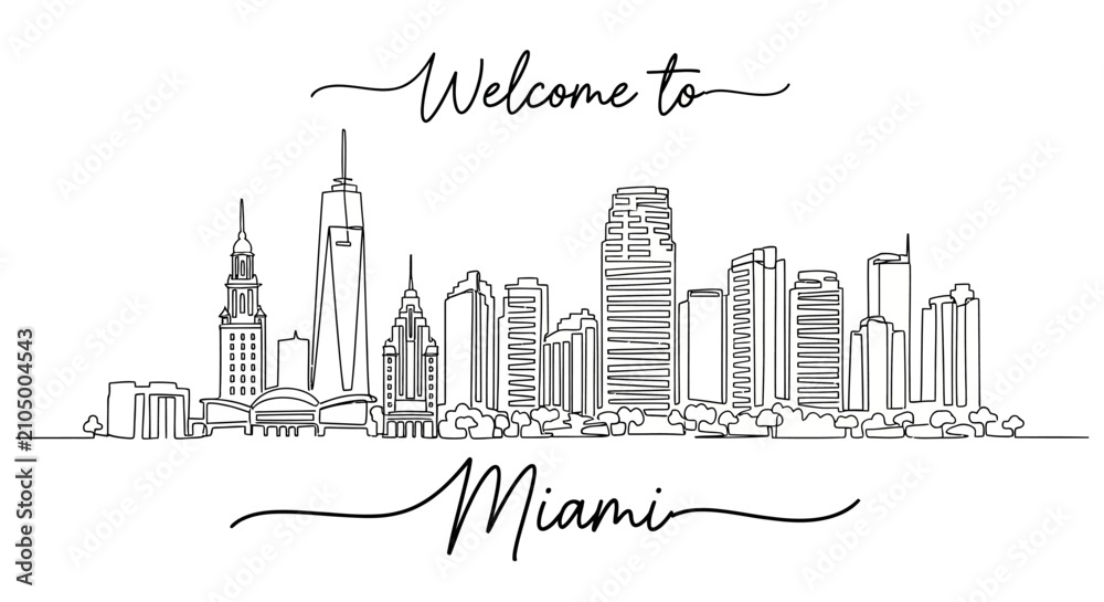 Naklejka premium Miami Skyline Line Art with Welcome Text - Modern Cityscape Illustration