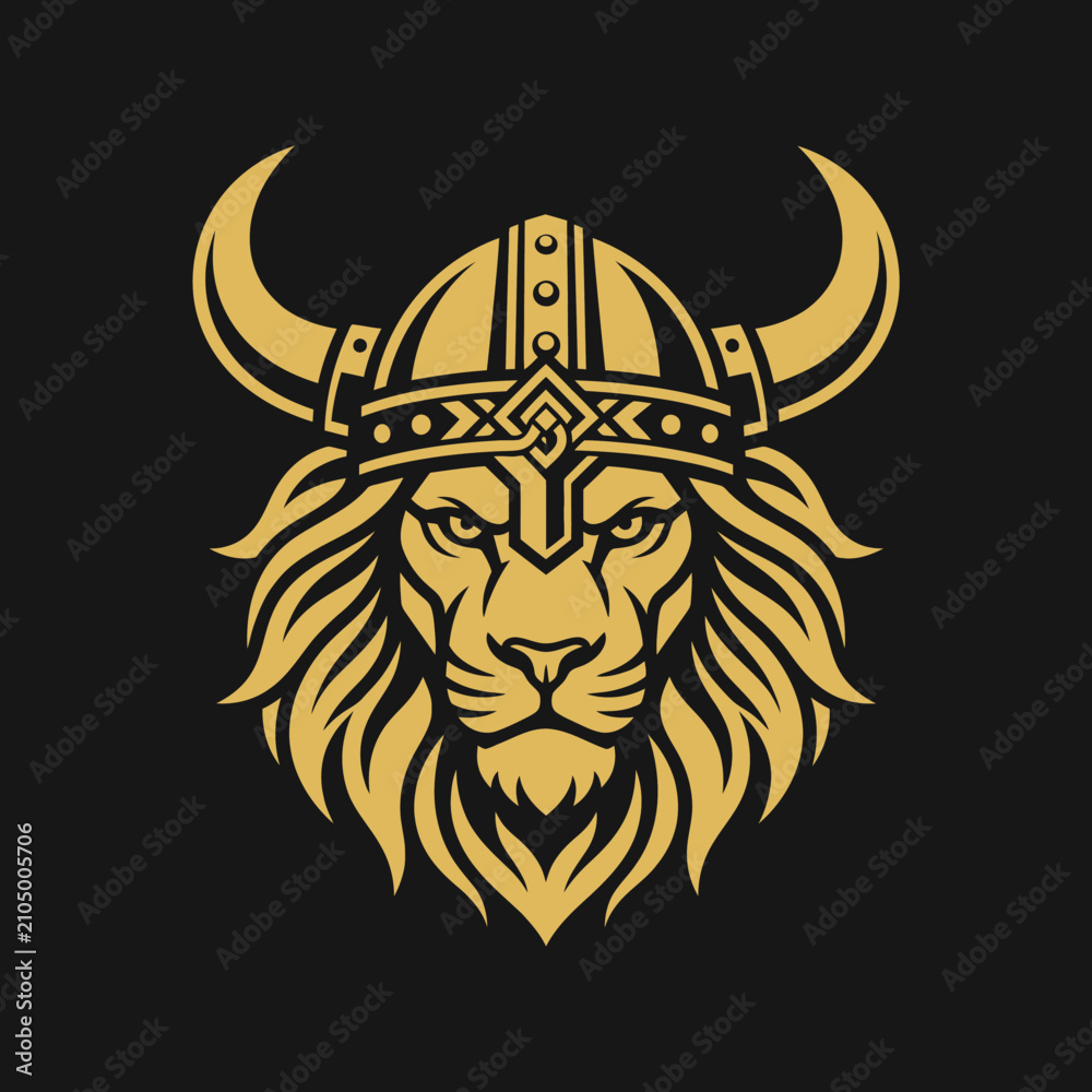 Fototapeta premium Gold Viking lion head mascot with horned helmet.