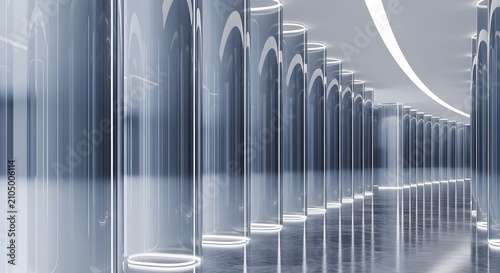 Transparent glass pillars cylinder corridor array background