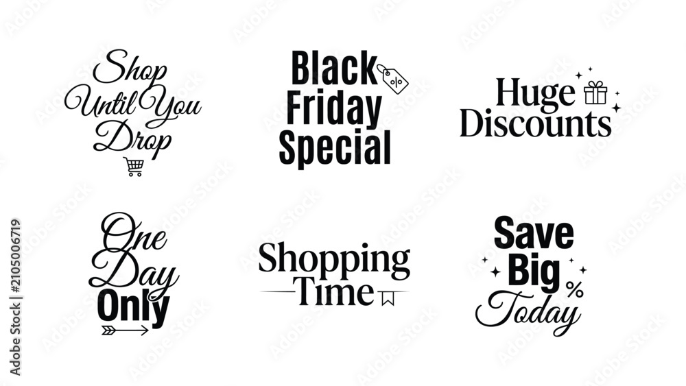 Obraz premium Creative black and white sale promotion text designs with shopping icons for marketing materials