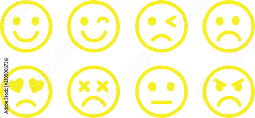 Obraz na plátně Eight yellow smiley face icons with diverse emotions against a clean white backg