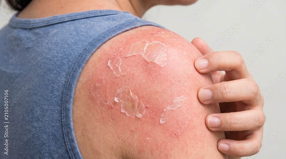 Fototapeta premium Close-up of a person's red, sunburnt shoulder with peeling skin after severe UV sun exposure.