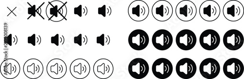 Foto Sound volume icons in black and white with cross for mute and sound waves repres