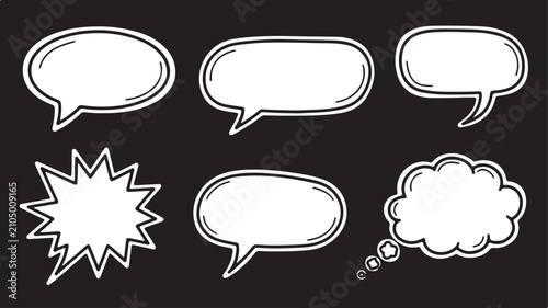 Slika na platnu A collection of white outline vector speech and thought bubbles of various shapes and sizes with a black outline and white fill on a solid black background
