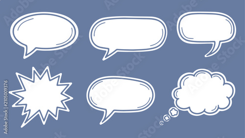 Slika na platnu a collection of white outline vector speech and thought bubbles of various shapes and sizes with a blue outline and white fill on a solid blue background