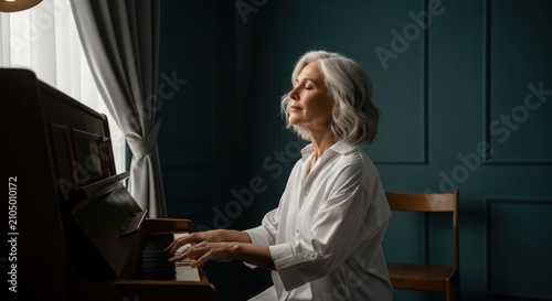 Elegant Senior Woman with Grey Hair Playing Piano in a Moody Room, Serene Moment of Musical Expression and Peace