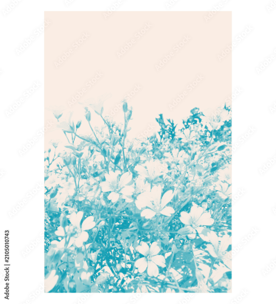 Fototapeta premium Blue cyanotype background with halftone flowers. Monochrome meadow floral dotted banner.