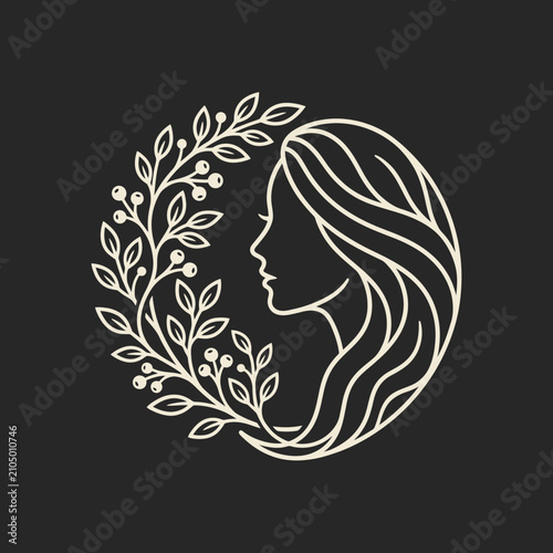 Minimalist female profile line art with floral wreath.