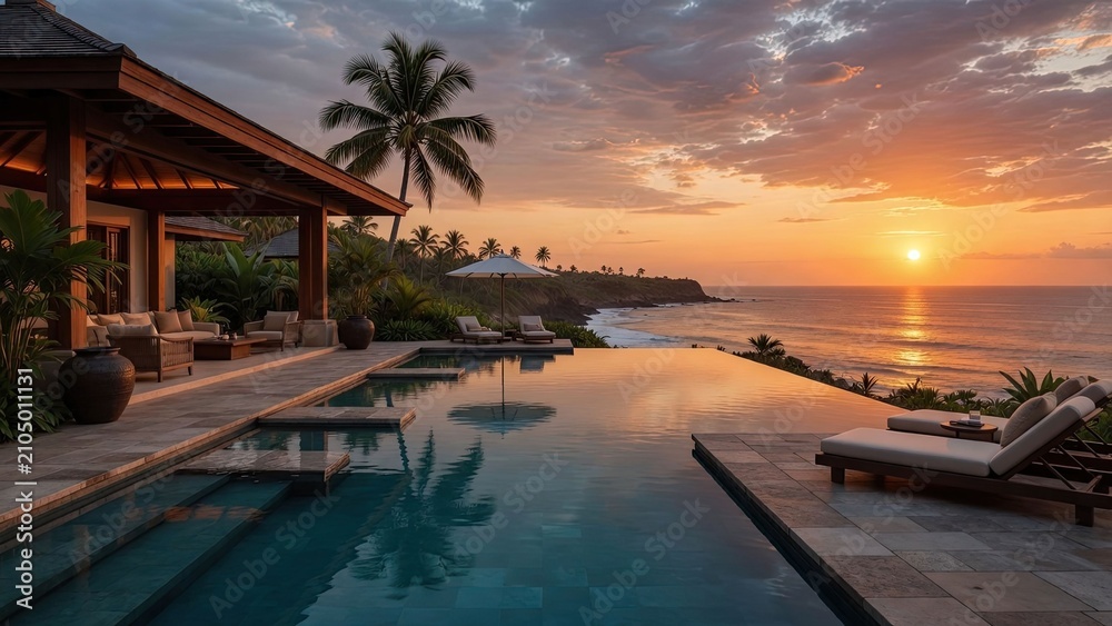 Fototapeta premium Serene tropical poolside escape at dusk featuring breathtaking ocean vistas and vibrant lush foliage