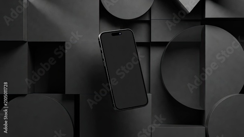Minimalist black smartphone on geometric background perfect for tech and modern lifestyle themes