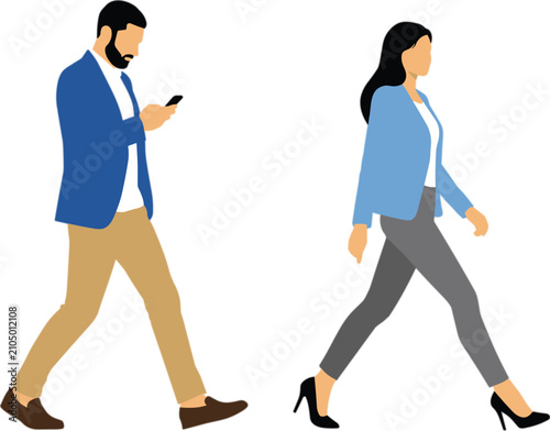 Fotografie Walking business people, professional man using smartphone and confident busines