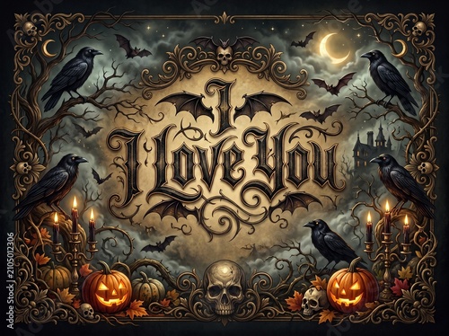 Gothic Halloween greeting card with I Love You text, vintage spooky aesthetic with ravens and skulls, dark romantic horror illustration for seasonal decor