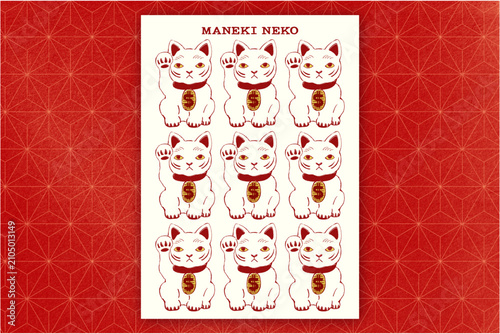 Quadro su tela Hand drawn Maneki Neko poster, repeating Japanese lucky cats with dollar coin, r