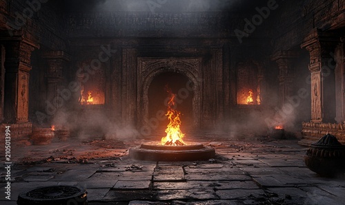 Ancient Ritual Cremation Ground, Mystical Sacred Fire and Burning Incense Smoke in Dark Temple Ruin