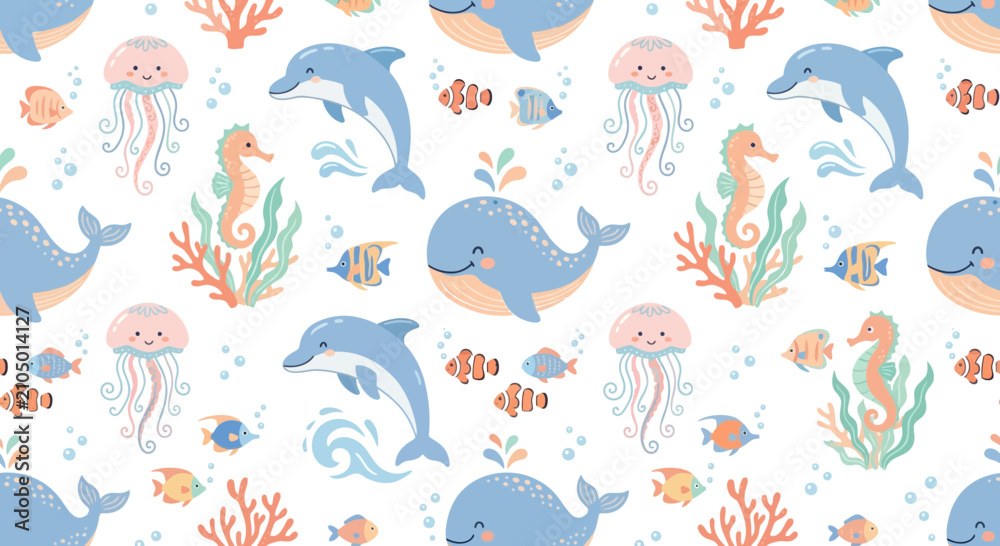 Naklejka premium Cute Ocean Animals Seamless Pattern