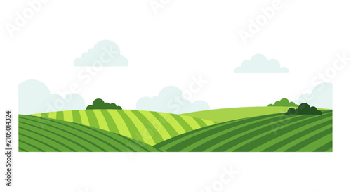 Lush green rolling hills with cultivated farmland rows