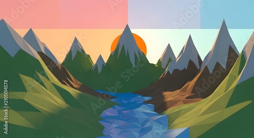 Low poly mountain valley landscape with river and sun colorful vector art