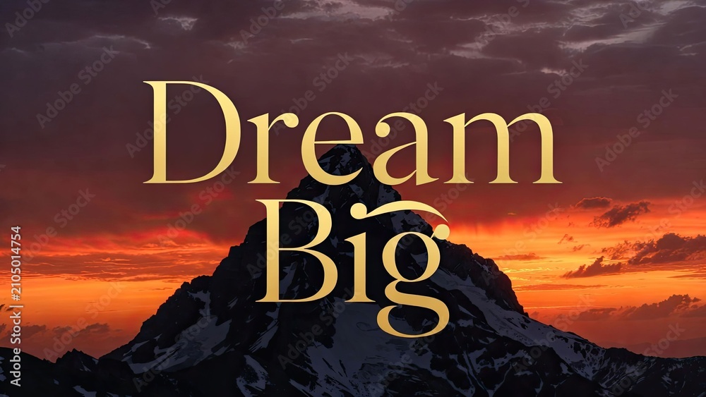 Obraz premium Inspiring mountain landscape with dream big quote at sunset symbolizing ambition and aspirations in nature's beauty