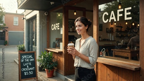Young woman enjoying coffee in a cozy cafe setting with a croissant perfect for lifestyle and food themes