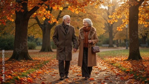 Joyful elderly couple holding hands and walking through a picturesque autumn park filled with vibrant orange and yellow leaves