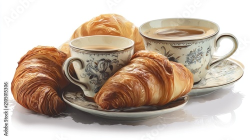 Fresh croissants and coffee in vintage cups breakfast concept isolated