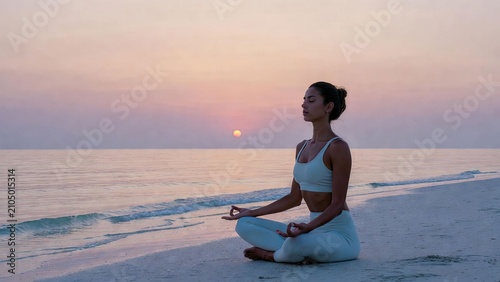 Peaceful woman meditating on the beach at sunset reflecting serenity and mindfulness in a natural setting