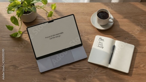 Modern workspace with laptop notepad and coffee on wooden table a productive atmosphere for planning and creativity