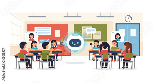 AI Chatbot Teaching Students in a Modern Classroom Setting.