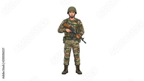 Indian Army Soldier Holding Rifle in Camouflage Uniform Military Vector Illustration