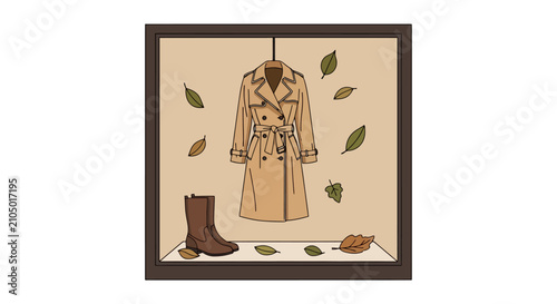 Elegant Trench Coat and Boots Displayed in a Stylish Autumn Window.