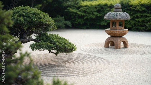 Tranquil japanese zen garden featuring a stone lantern and raked sand patterns surrounded by lush greenery